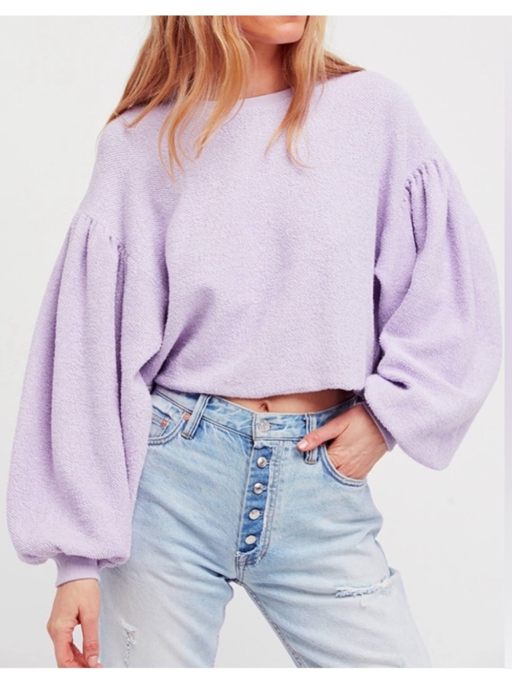 Free People Pastel Lilac Puff Sleeve Cropped Sweater